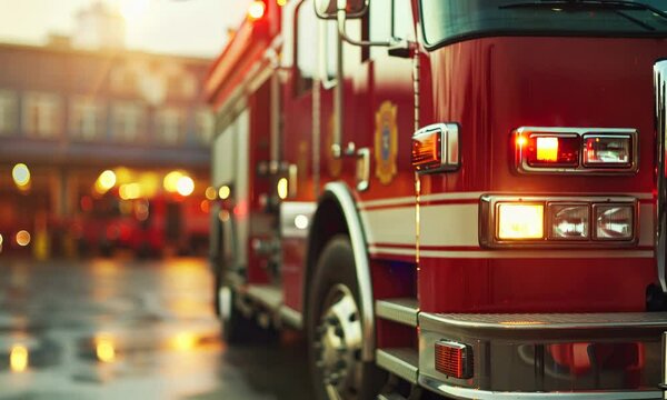 Blurred fire truck on duty at sunset in the city, with glowing lights and reflections