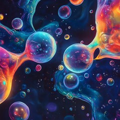 A close-up of an abstract representation of two molecules in the center, with colorful bubbles
