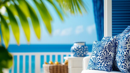 A coastal-themed living room with blue and white decor, nautical accents, and a view of the ocean