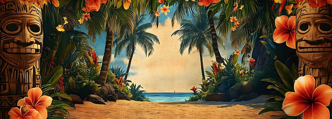 Luau Personalize, Fill in the Blank, Tiki design Template Illustration and backgrounds for party and celebration printed invitations, posters, flyers, tropical, flowers, Hawaii, paradise, vacation