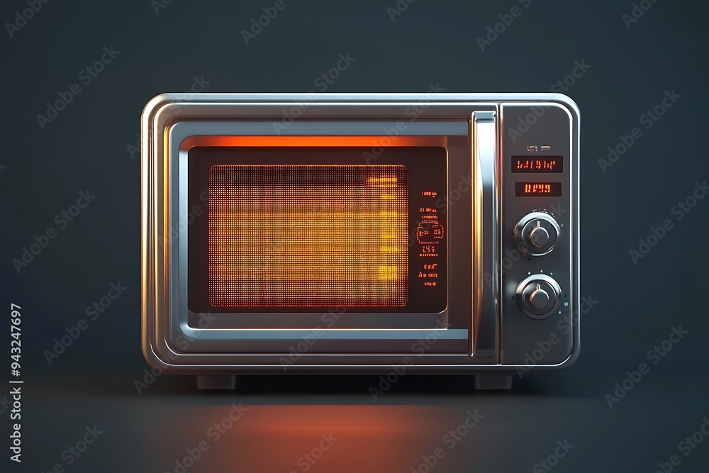 Poster compact silver radio receiver with rotating dial, isolated on black background