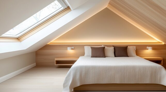 A cozy attic bedroom with sloped ceilings, warm lighting, and a skylight