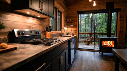 A cozy cabin kitchen with wood accents, stone countertops, and a wood-burning stove