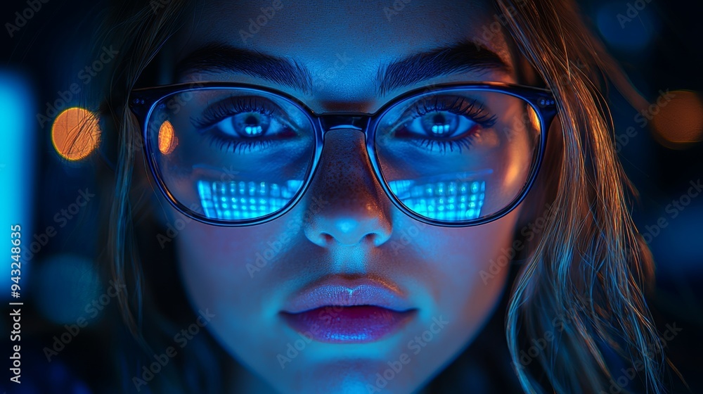 Poster female software engineer working on a computer, programming in glasses. developer working on an inno
