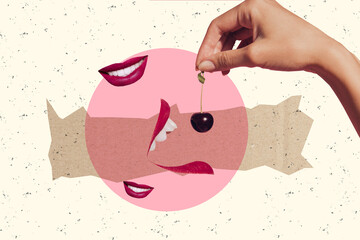 Creative poster collage hand body fragment mouth lips face cherry feed eat glamour erotic concept...