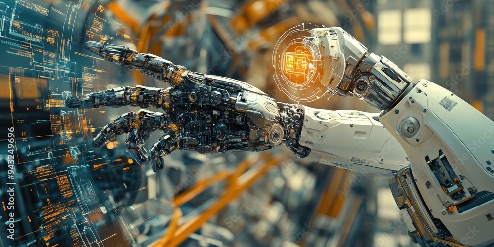 Poster a robotic arm interacts with a digital interface.
