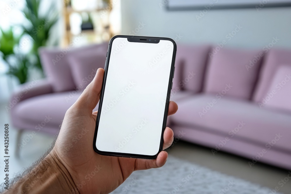 Poster view of a man with a smartphone holding a mockup white blank display, an empty space for advertiseme