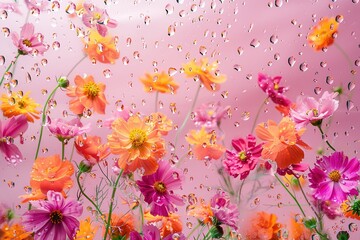 Mystic Petals & Droplets: Enchanted Flora Dancing on Glass,Ethereal Reflections: Wild Blossoms Suspended in Vibrant Raindrops