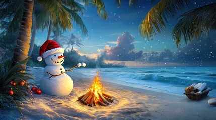 Fototapeta premium Snowman Enjoying a Campfire on a Tropical Beach with Palm Trees and Ocean View