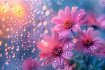 Mystic Petals & Droplets: Enchanted Flora Dancing on Glass,Ethereal Reflections: Wild Blossoms Suspended in Vibrant Raindrops