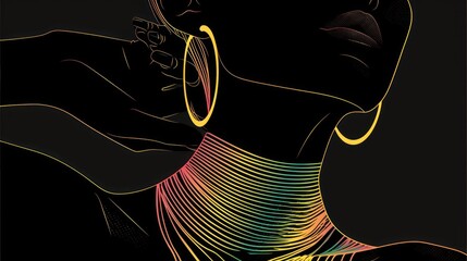 Elegant woman with vivid neon lines and golden earrings
