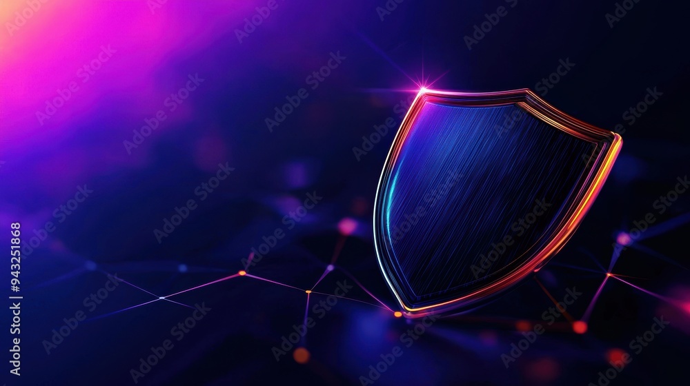 Poster futuristic secure shield in a glowing abstract cyber network, representing data protection