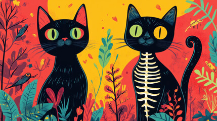 whimsical cat illustrations,  Explore a collection of colorful and playful illustrations featuring cats, a skeleton, and a snake, all designed for fantasy lovers