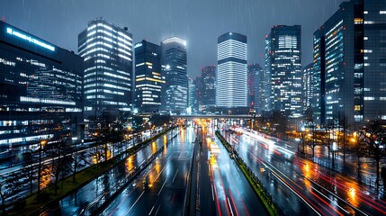 Fototapeta premium Vibrant Urban Nightscape with Glowing Lights on Rainy Streets, Perfect for Text Overlay.