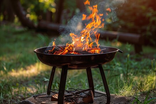 A charcoal grill with fire. Perfect for outdoor barbecue, camping, and cookout.