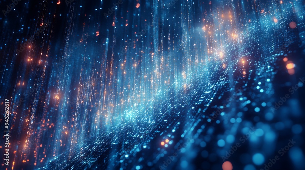 Poster the visual depicts a dynamic cascade of blue light particles creating an abstract representation of 