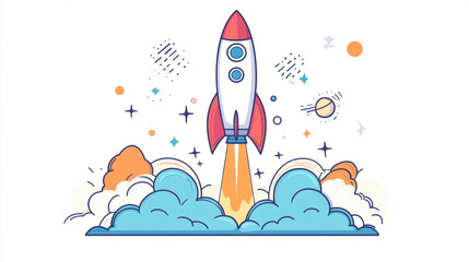 Rocket icon,  Flat minimal style illustration of a rocket launching into the sky, surrounded by abstract clouds, set on a clean white background, showcasing vibrant colors and