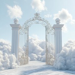 Ornate Gates with Columns Surrounded by Clouds in a Heavenly Setting
