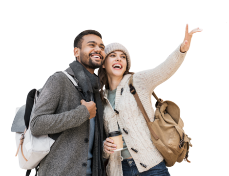 Beautiful happy couple winter portrait isolated transparent PNG, Young joyful smiling woman and man isolated transparency, Love, travel, tourism, students concept