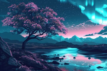 Enchanting anime-style landscape of cherry blossom trees in full bloom, creating a dreamy and serene environment. Beautiful simple AI generated image