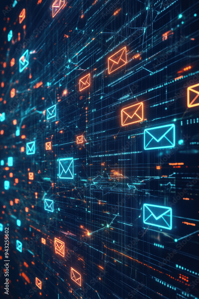 Poster digital communication, futuristic digital network featuring bright icons that symbolize email commun