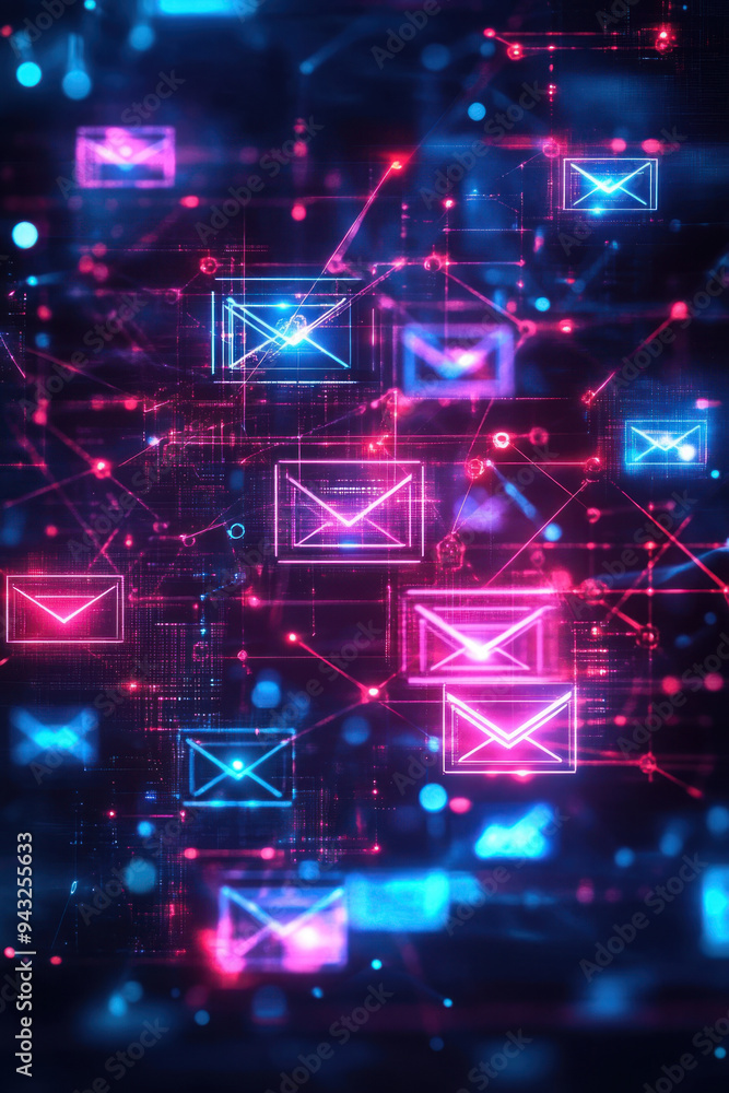 Poster digital communication, futuristic digital network featuring bright icons that symbolize email commun