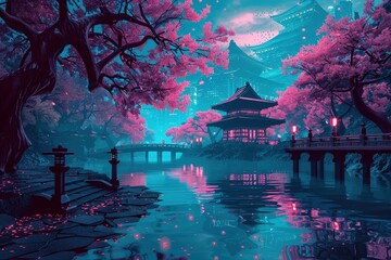 Obraz premium spring atmosphere, beautiful cherry tree views, romantic, exotic. AI-generated. Beautiful simple AI generated image