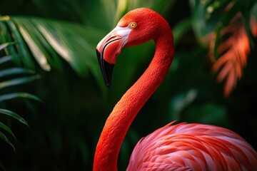 Fototapeta premium Vibrant Close-Up of Flamingo with Lush Green Tropical Background in a Bright Setting