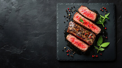 Sliced medium rare steak with herbs and spice in black plate food photography concept.