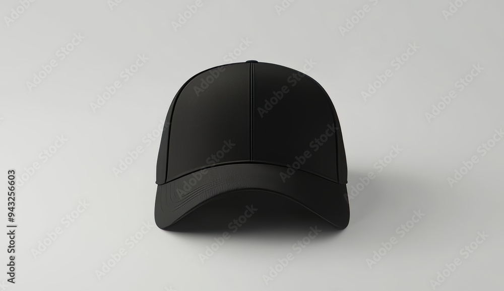 Poster isolated cutout object with shadow on transparent background, black baseball cap mockup front view.