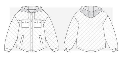 Naklejka premium Quilted Oversize jacket with terry melange hood. Technical scketch. Vector illustration.