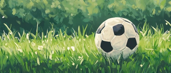 Soccer Ball on Green Grass Field in a Lush Forest under Sunlight with Soft Shadows