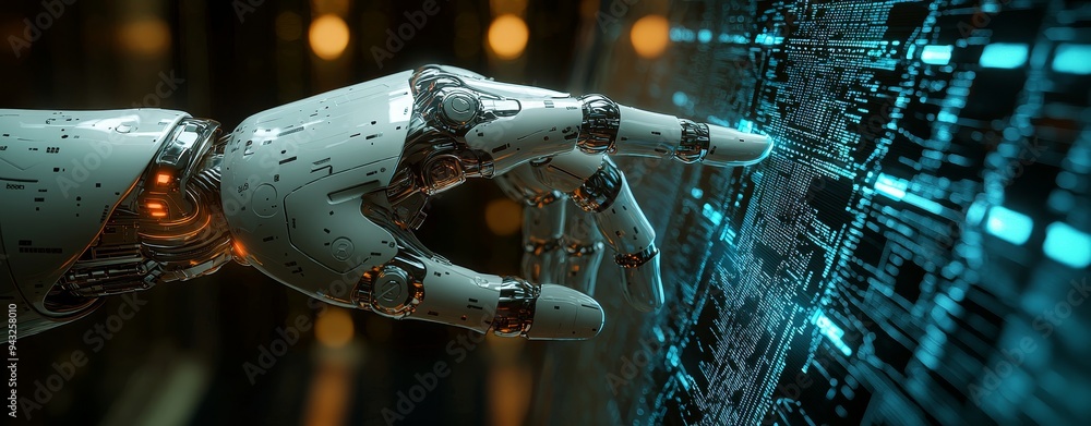 Poster wide banner with copy space design for futuristic robot stock productivity and automation efficiency