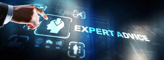 Expert advice. Businessman hand touching inscription on virtual screen