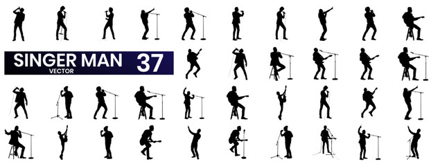 Popular singer super star vector silhouette illustration set. Attractive music artist on stage. The singer is the musician against the public in concert. Microphone in hand.
