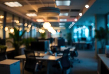 At night beautiful Abstract blurred office interior room. blurry working space with defocused effect, ai