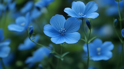 flax blue flowers . A close-up shot of delicate blue flax flowers blooming amidst lush greenery, showcasing their intricate petals and vibrant color.