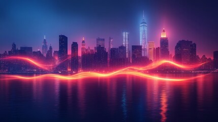 Fototapeta premium The New York City skyline glows with colorful lights at night, while bright trails of light ripple across the water.