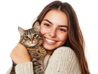 smiling woman with a cat isolated on white background