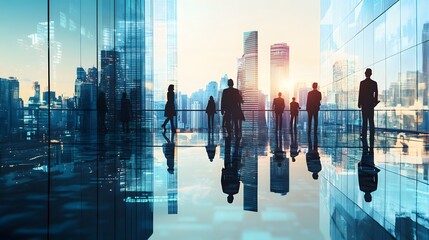 Fototapeta na wymiar Silhouetted Business People Looking Out Over Cityscape from Rooftop Terrace