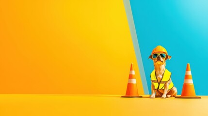 Reliable Canine Construction Assistant Ready for Work with Copy Space - Dog with Helmet and Vest and Safety Signs