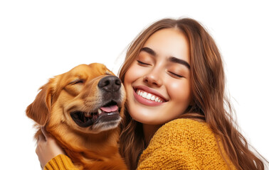 smiling woman with a dog isolated on white background