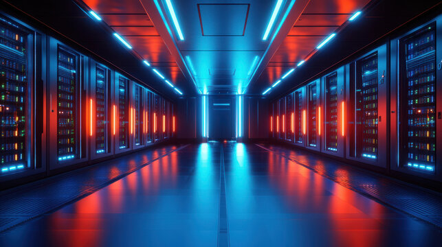 Futuristic Server Room,  Modern server room featuring illuminated blue lights, shiny reflective floors, and organized rows of sleek server racks