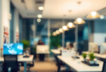 Fototapeta premium At night beautiful Abstract blurred office interior room. blurry working space with defocused effect, ai