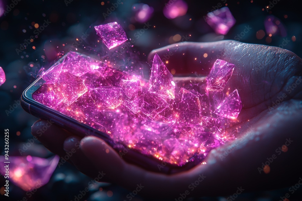 Poster the metaverse, web3, and blockchain technologies concepts. an open hand levitates virtual objects. a