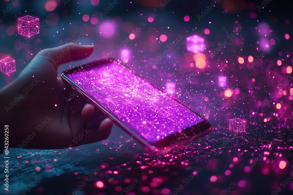 Poster objects levitating from an opened hand on the edge of a metaverse. blockchain technology concept. fu