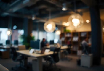 At night beautiful Abstract blurred office interior room. blurry working space with defocused effect, ai