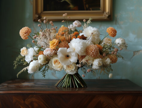 A luxurious and vibrant bouquet of peonies, roses, ranunculus, in shades of tan, beige, white, and orange, of a vintage wooden table within an elegant interio with soft blue walls.