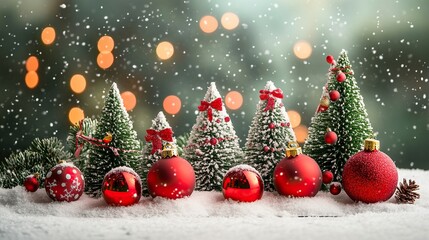 Christmas holiday background, Merry Christmas poster design small snow Christmas trees with balls with greeting text, 2025 Happy Christmas photography generative ai