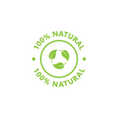 100% Natural and organic product. Circle sign, symbol, sticker or stamp of natural food. Healthy food. Natural and organic food badge